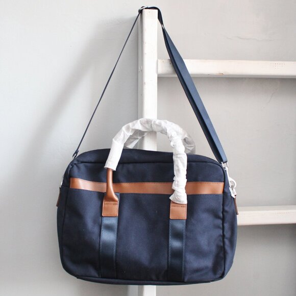 Brooks Brothers Canvas Leather Wells Briefcase in Navy Blue Blazer & Tan NWT - Picture 2 of 12